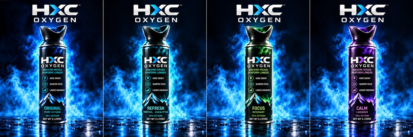 HXC Oxygen Original Refresh Focus Calm presentation canisters