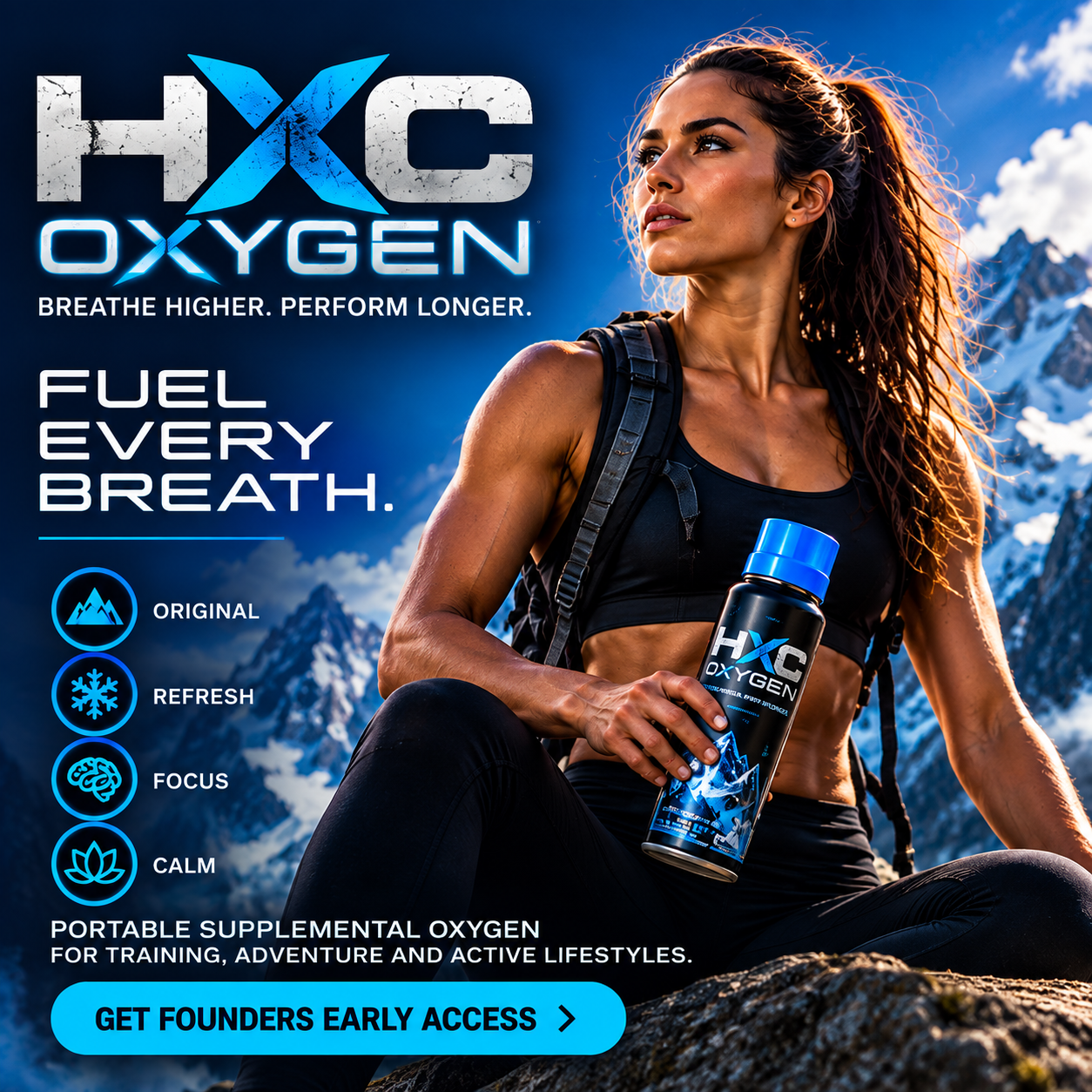 An athletic woman sits on rocks holding an HXC Oxygen canister, with mountains, HXC branding, and an early-access invitation.